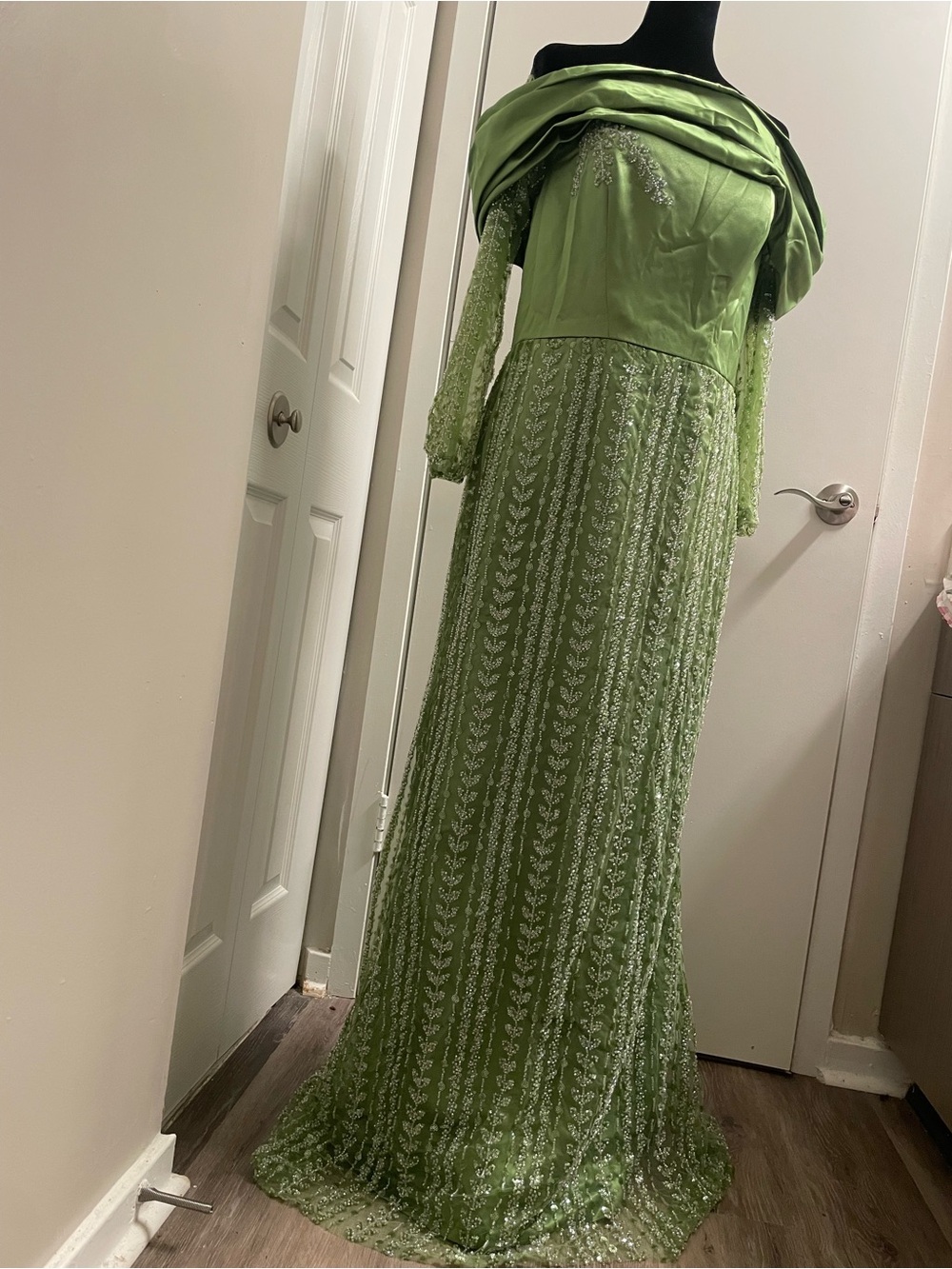 Lime Green Embroidered Long Sleeve Maxi Dress with a back corset lace up - Picture 9 of 9
